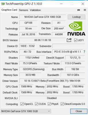 16 Nm Gaming Graphic Cards GTX 1060 3GB 5GB GDDR5 192 Bit Support HDCP 400W