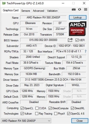 256Bit Memory Interface Radeon RX 580 16GB DDR5 Graphics Card with DP HD DVI Output