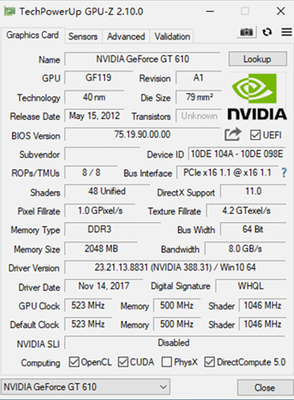 PCWINMAX GeForce GT 610 2G DDR3 Low Profile Graphics Card PCI Express 1.1 x16 HD VGA Ports Entry Level GPU