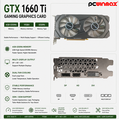 PCWINMAX Geforce GTX 1660 Ti 6GB GPU Graphics Card 192 Bit 1500MHz/1770MHz HD DP DVI 14Gbps Memory